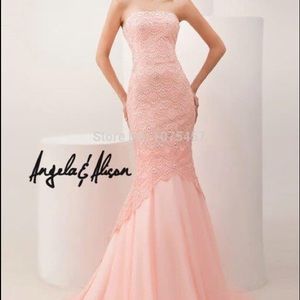 Blush pink mermaid prom pageant formal gown with unique train